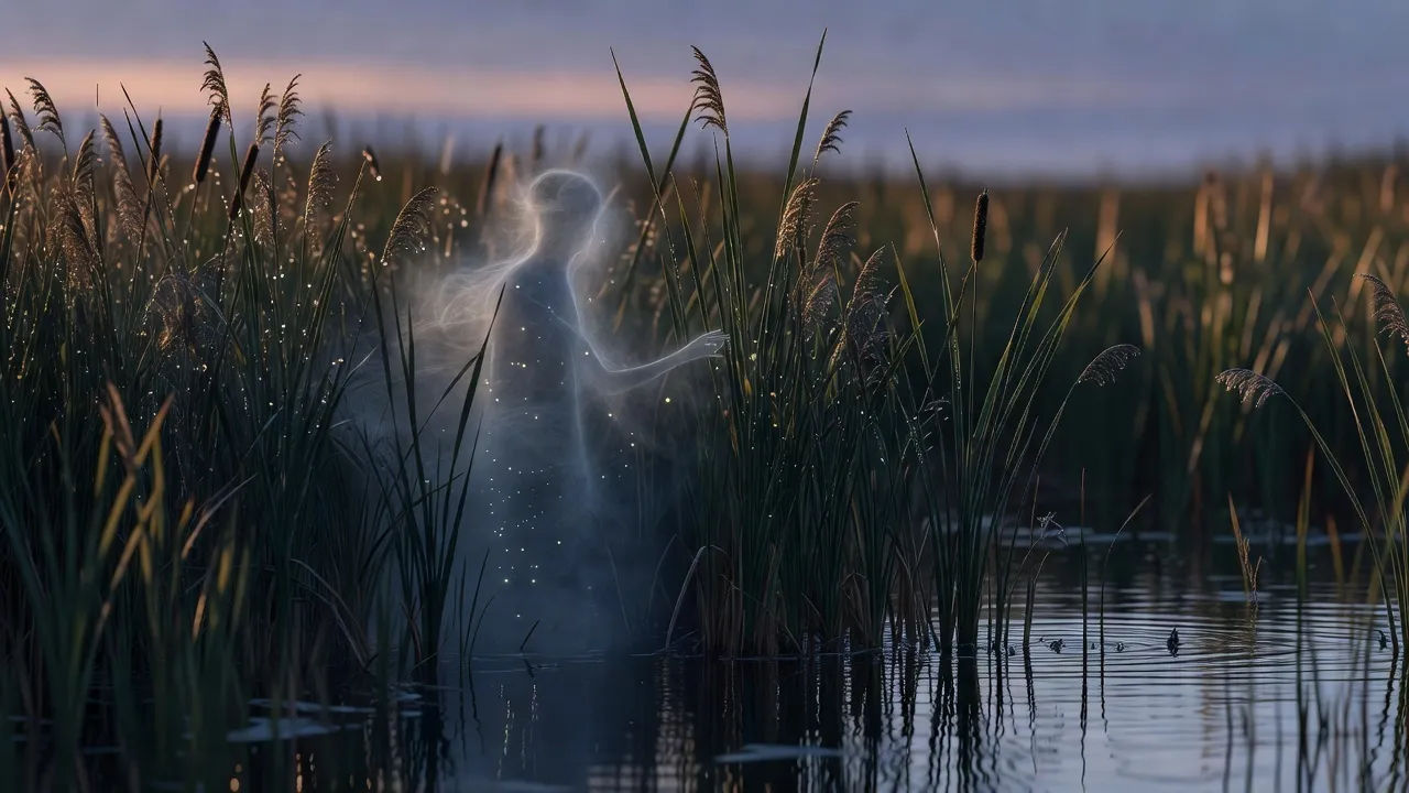 Reedy marsh spirit half-seen among the rushes at dusk