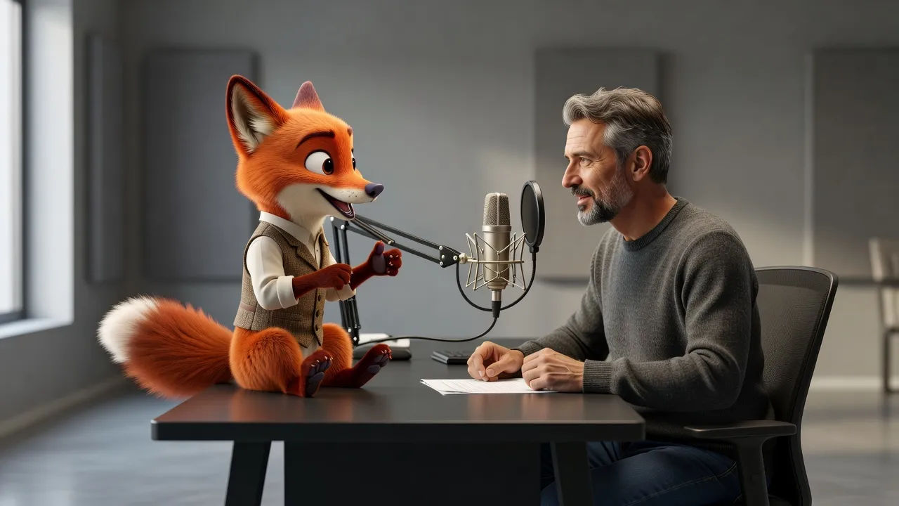 Animated character and an audiobook narrator both voiced with a Romanian English accent