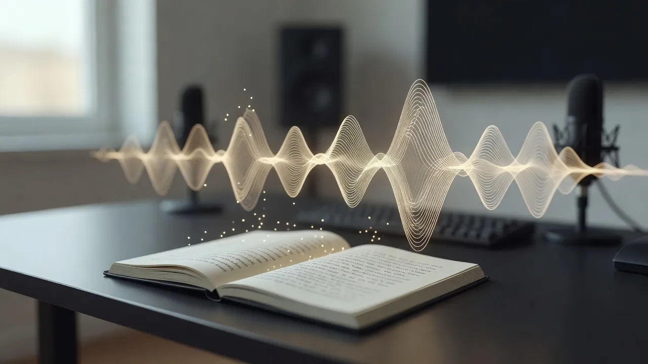 Audiobook script becoming a Romanian English accent voiceover waveform