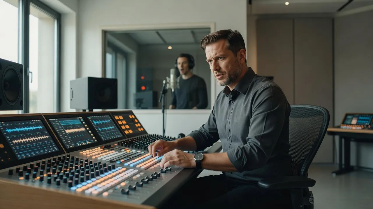 Sound designer directing a Romanian English accent voice at a console
