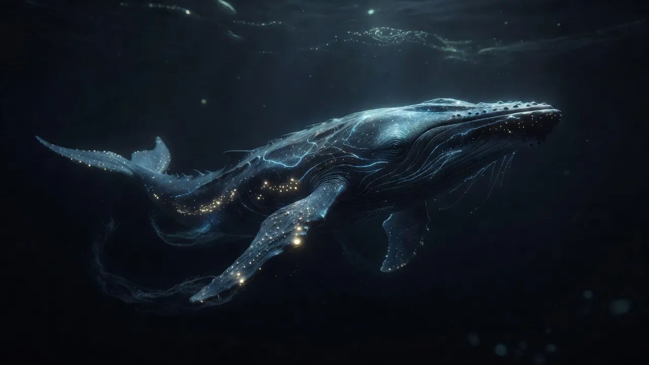 Vast bioluminescent leviathan rising through dark ocean depths