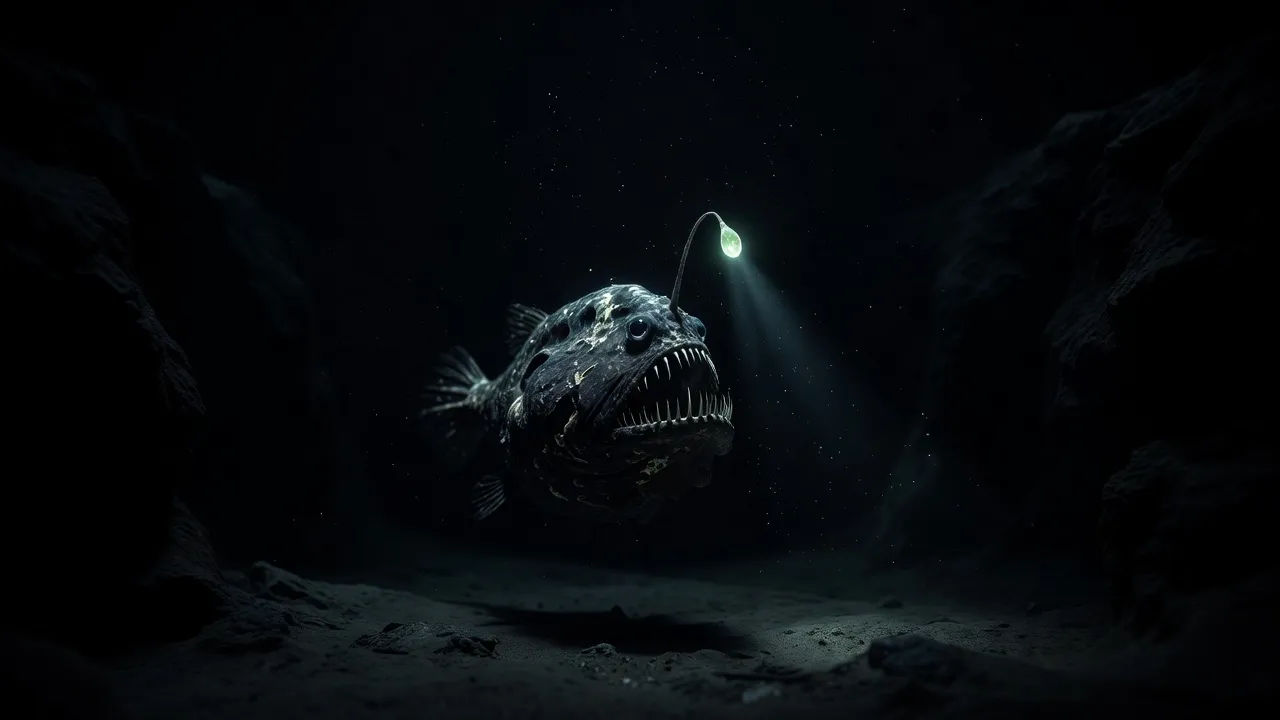 Glowing anglerfish lurking in a cold black trench