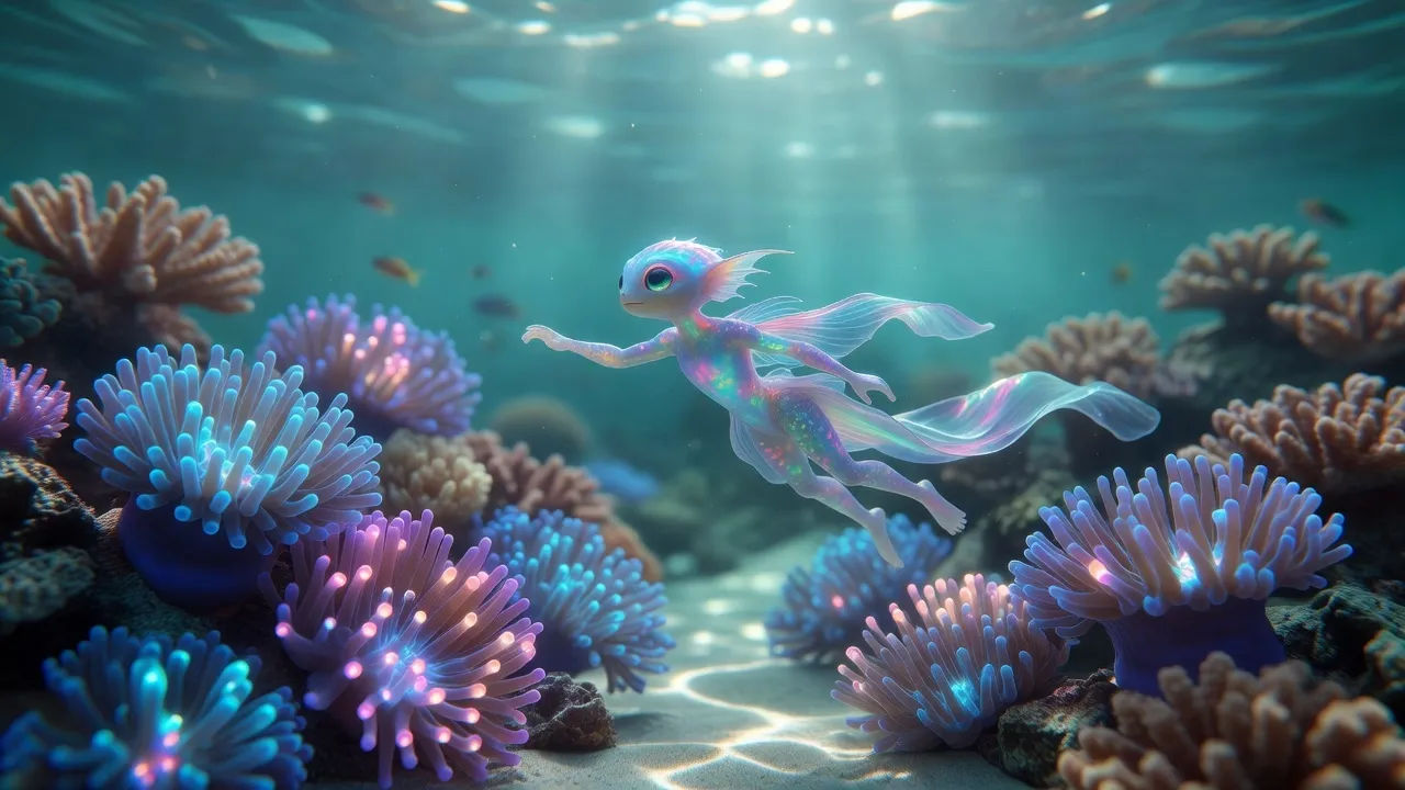 Coral reef sprite darting between glowing anemones