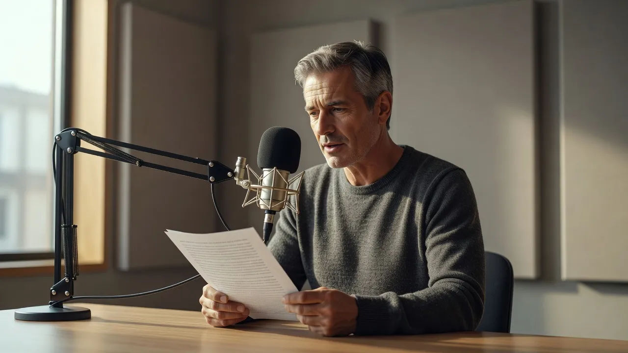 Narrator reading a single printed story at a warm studio mic