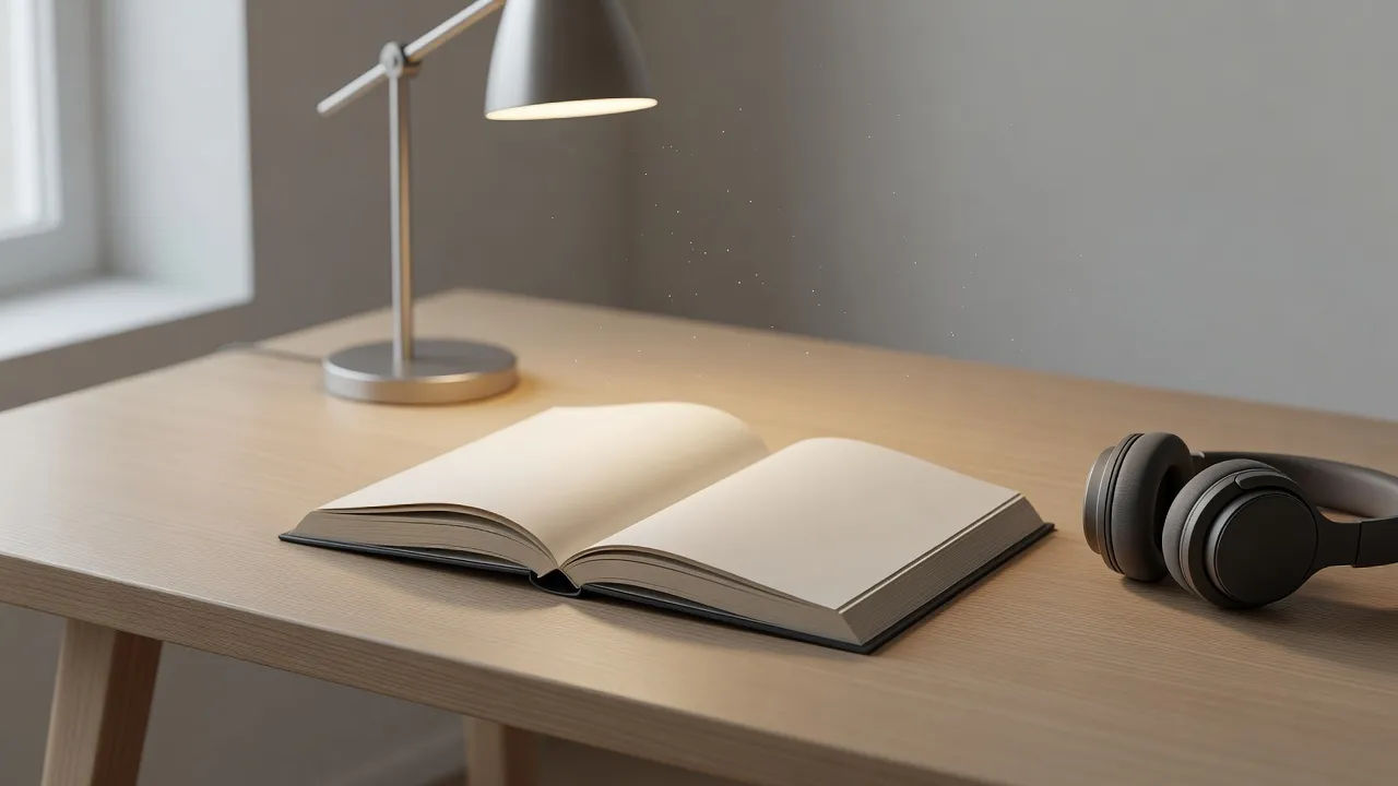 Slim anthology open on a desk beside a lamp and headphones