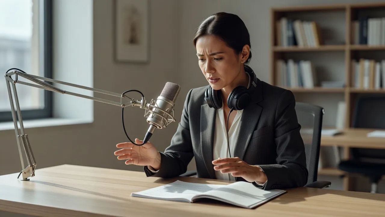 Editor directing a narrator voice at a quiet desk