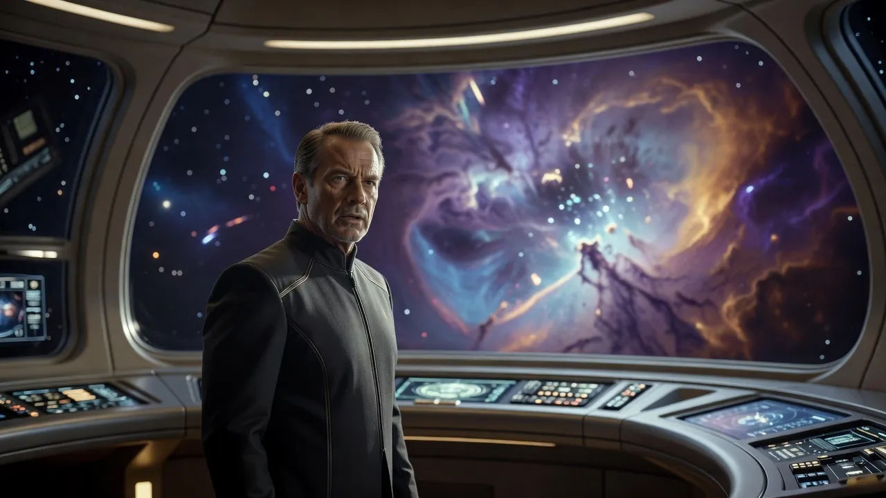 Narrator on a starship bridge set, a vast nebula glowing through the viewport