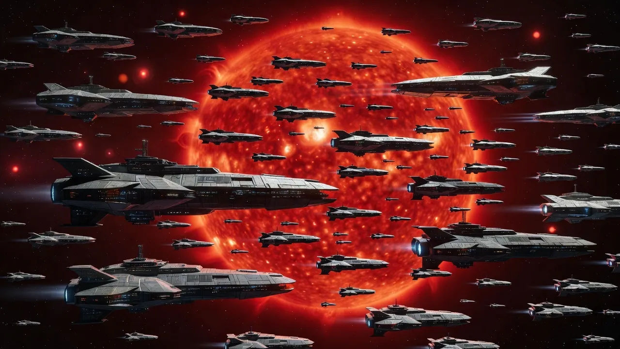 A great fleet of starships crossing a red dying sun in deep space