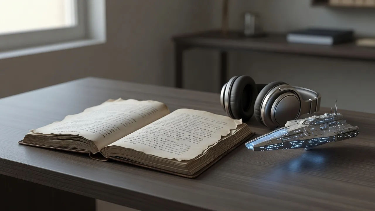 Sci-fi manuscript beside headphones and a glowing model starship