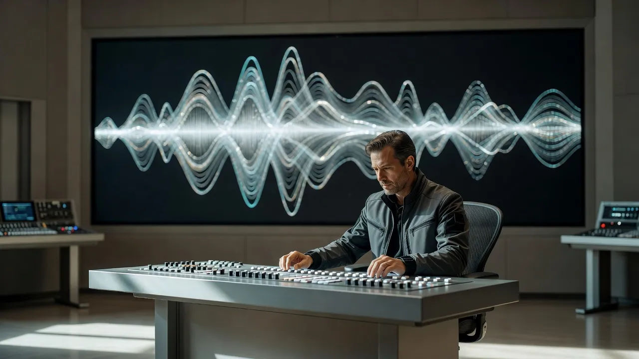 Sound designer at a console with a shimmering, wide waveform on screen