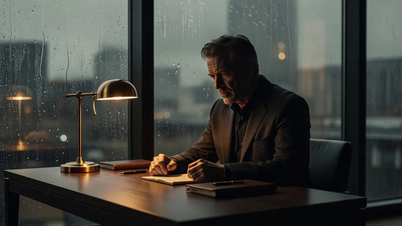 Narrator at a dim desk under a single lamp, rain on the window behind