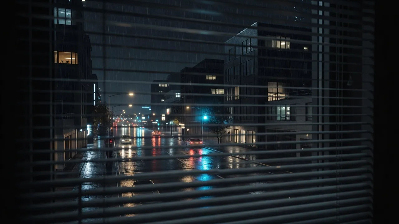 Rain-slicked city street at night seen through venetian blinds