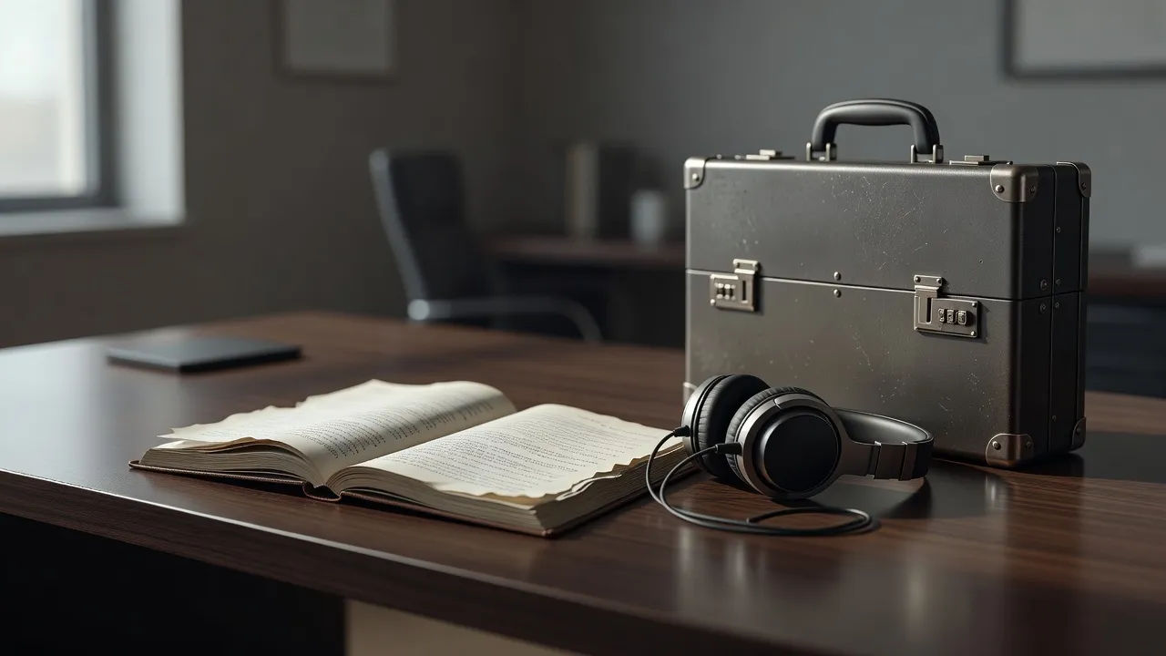 Open thriller manuscript beside headphones and a locked briefcase