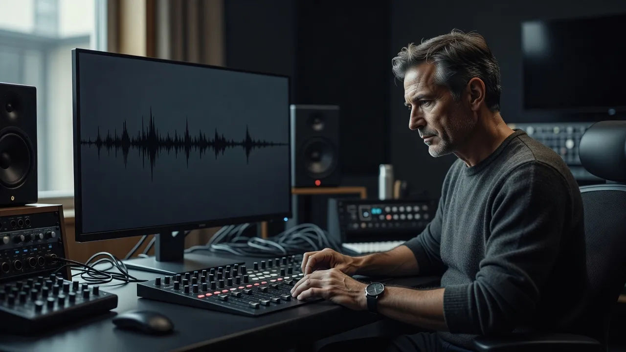 Sound designer at a console with a dark cinematic waveform on screen