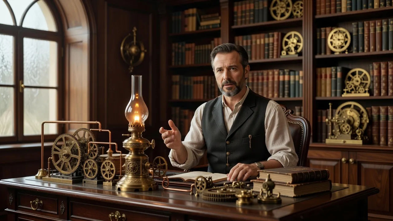 Narrator in a brass-fitted study, gears and a gaslamp on the desk
