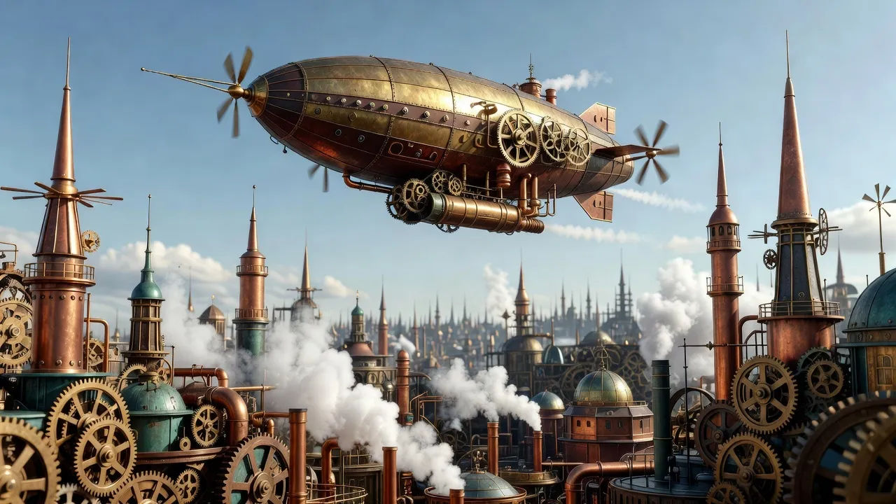 Airship above a city of gears and copper spires, steam venting below