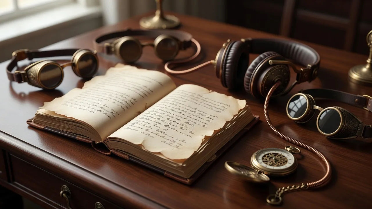 Steampunk manuscript beside headphones, brass goggles and a pocket watch