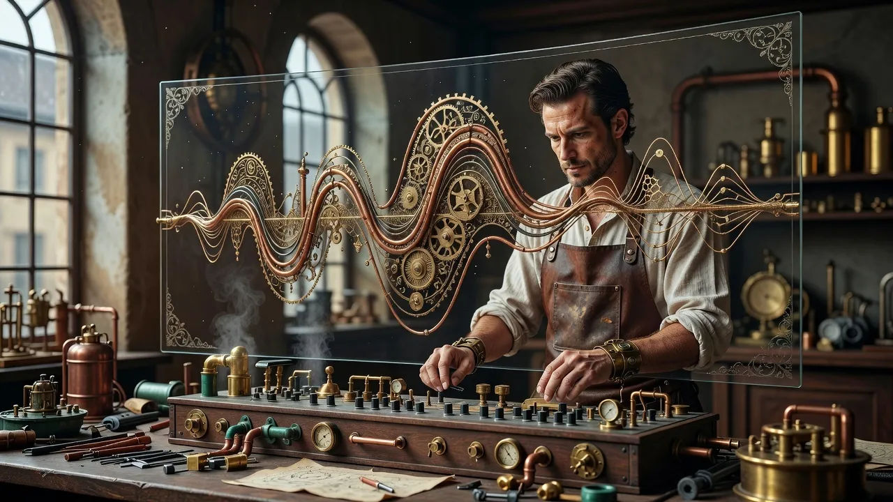 Sound designer at a console with an ornate, textured waveform on screen