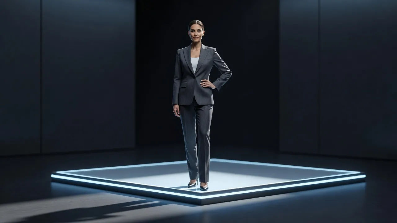 A polished brand presenter on a dark studio set with a glowing platform logo behind