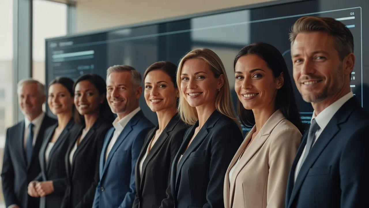A row of on-brand presenter faces lit against a sleek streaming interface