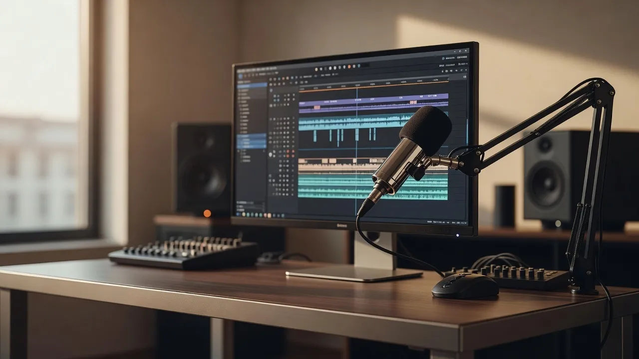 An edit bay with a promo timeline and a broadcast microphone under warm light