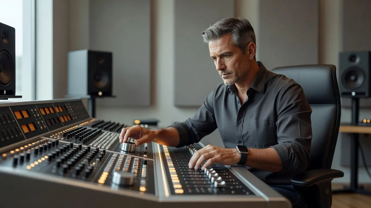 A sound designer shaping a premium brand voice at a lit studio console