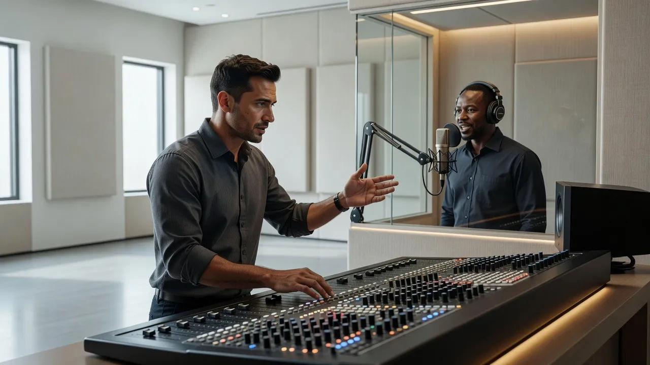 Sound designer directing a Swahili voice at a console