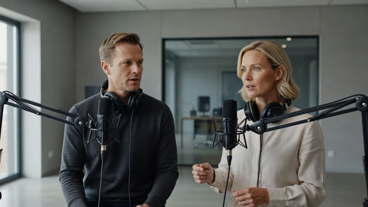 Two speakers with Swedish accents recording lines for a brand film
