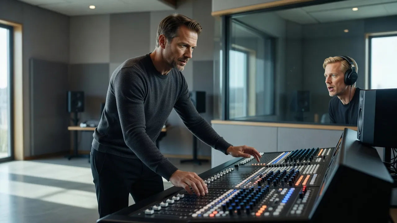 Sound designer directing a Swedish accent voice at a console