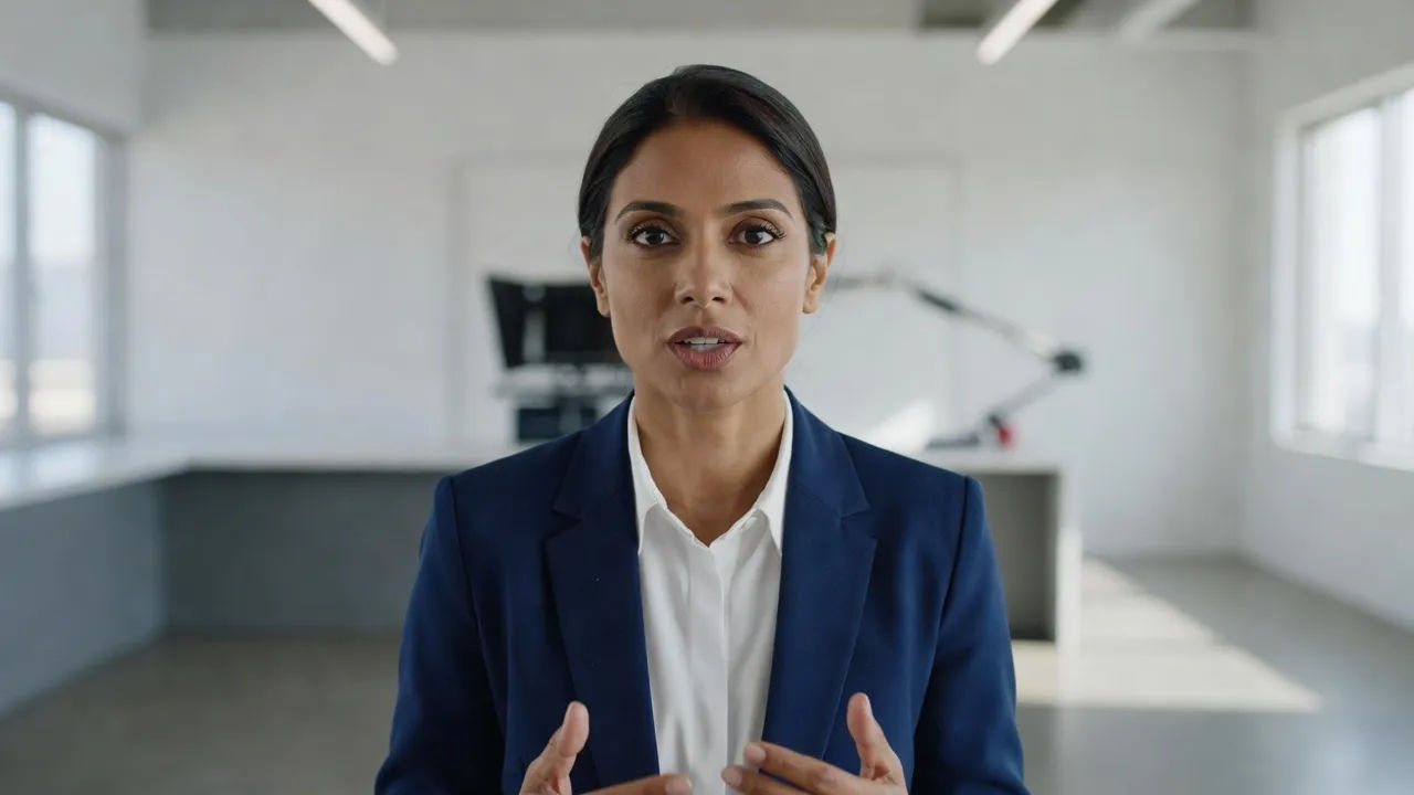 Presenter delivering a Tamil line to camera in a bright studio
