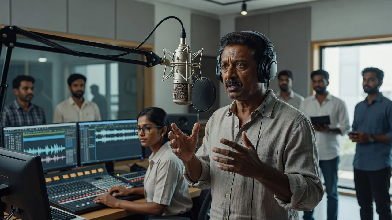 Localization team recording Tamil dubbing for a film scene