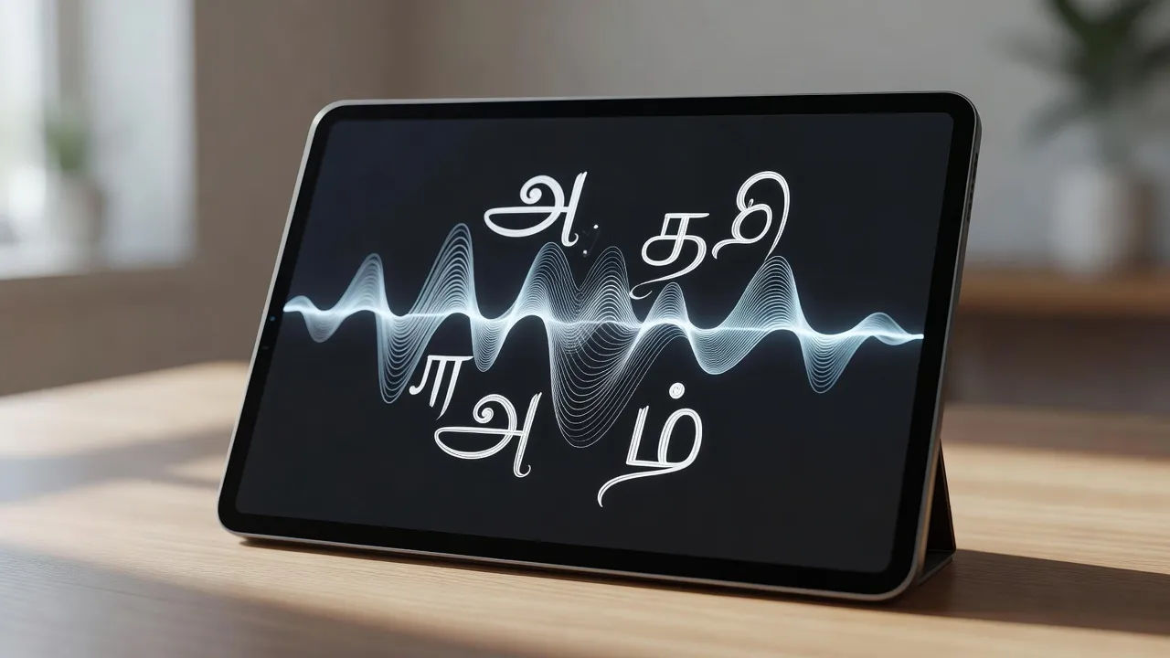 Tamil script turning into a voiceover waveform on a tablet