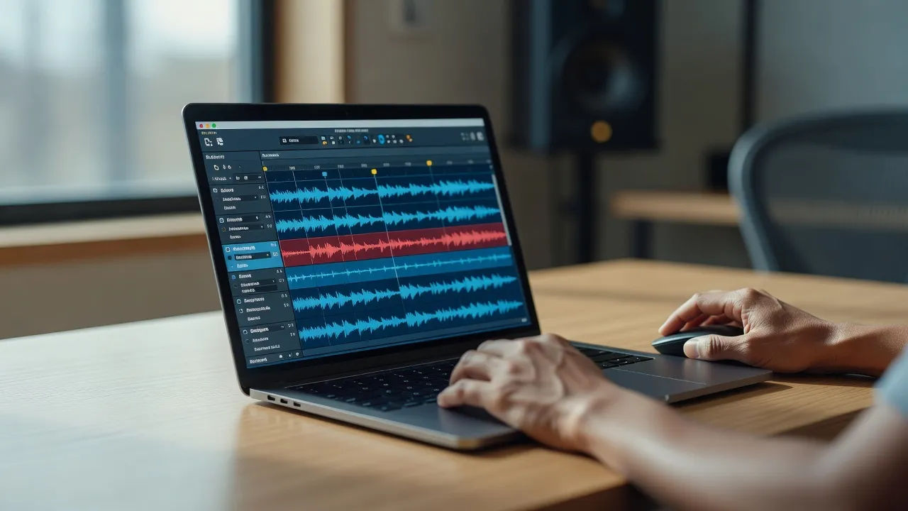 Editing a Tamil voice prompt on a laptop for a dubbed film