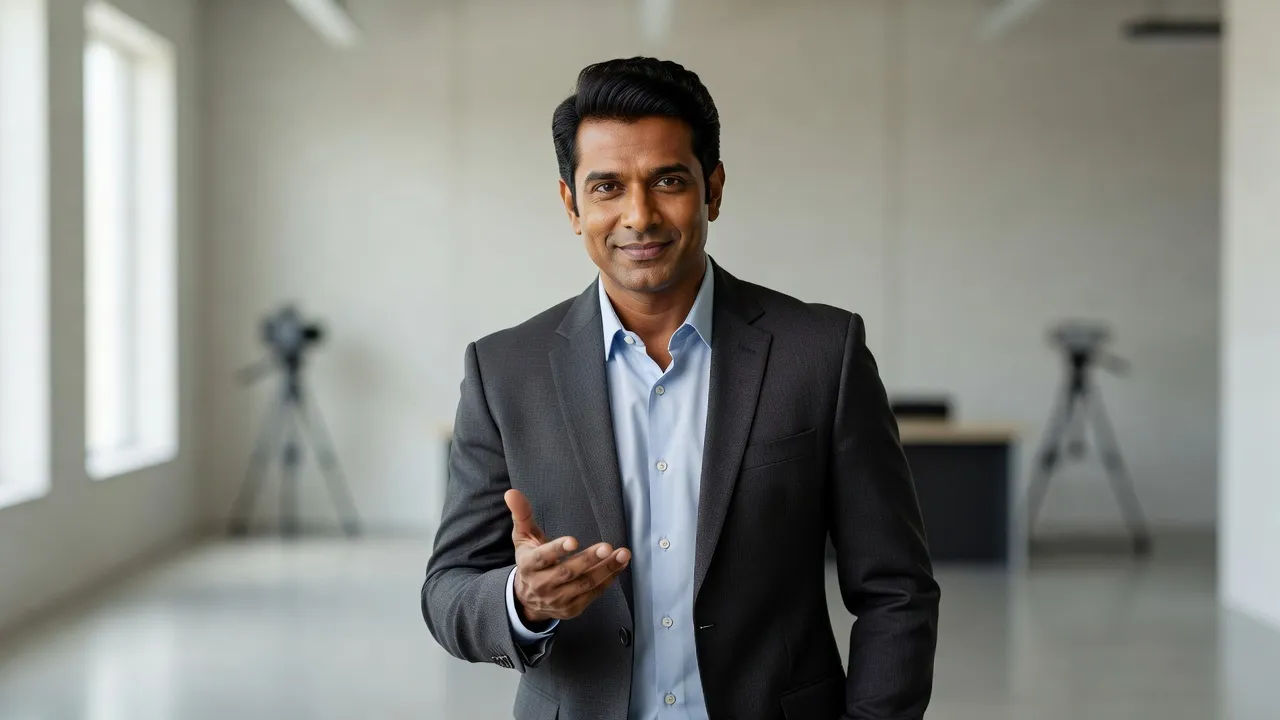 Host delivering a Telugu line to camera in a bright studio