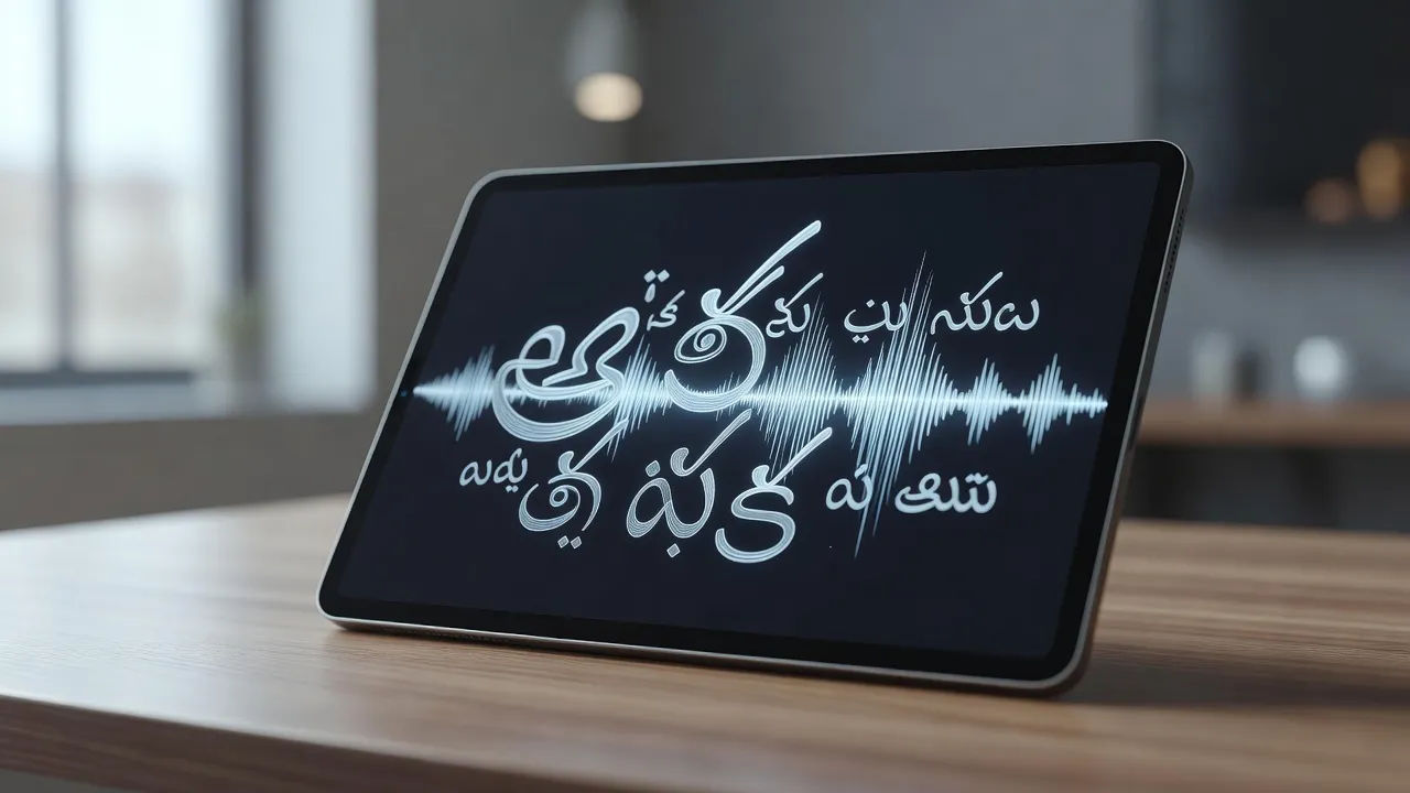 Telugu script turning into a voiceover waveform on a tablet