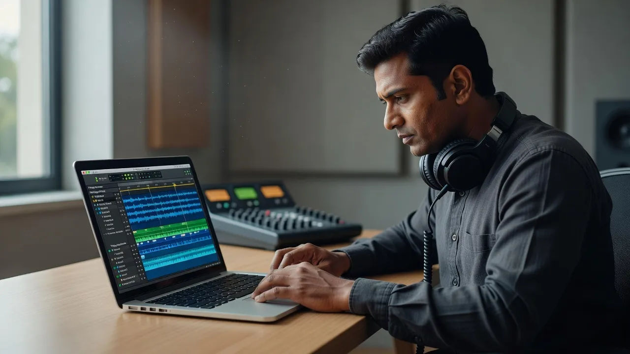 Editing a Telugu voice prompt on a laptop for a dubbed film