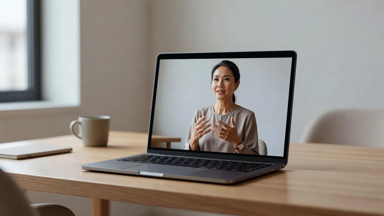 E-learning module playing a Thai voiceover on a laptop