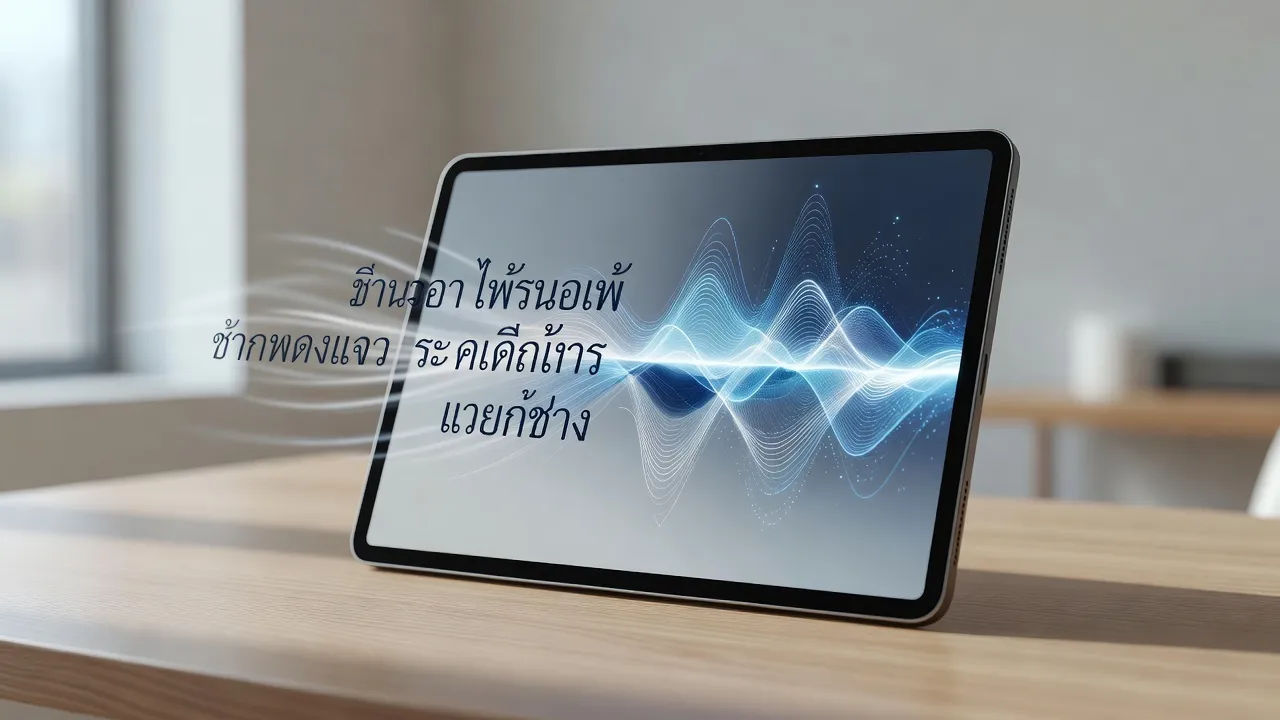 A script turning into a Thai voiceover waveform on a tablet