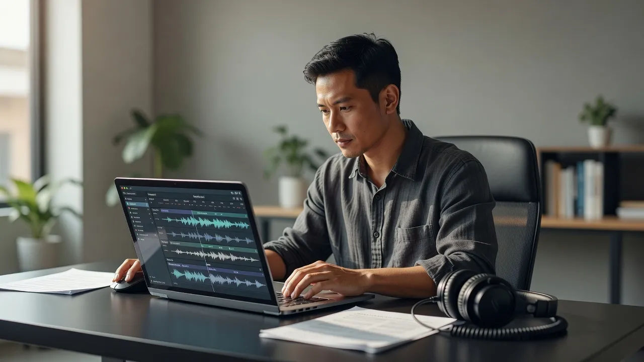 Editing a Thai voice prompt on a laptop for a localization project