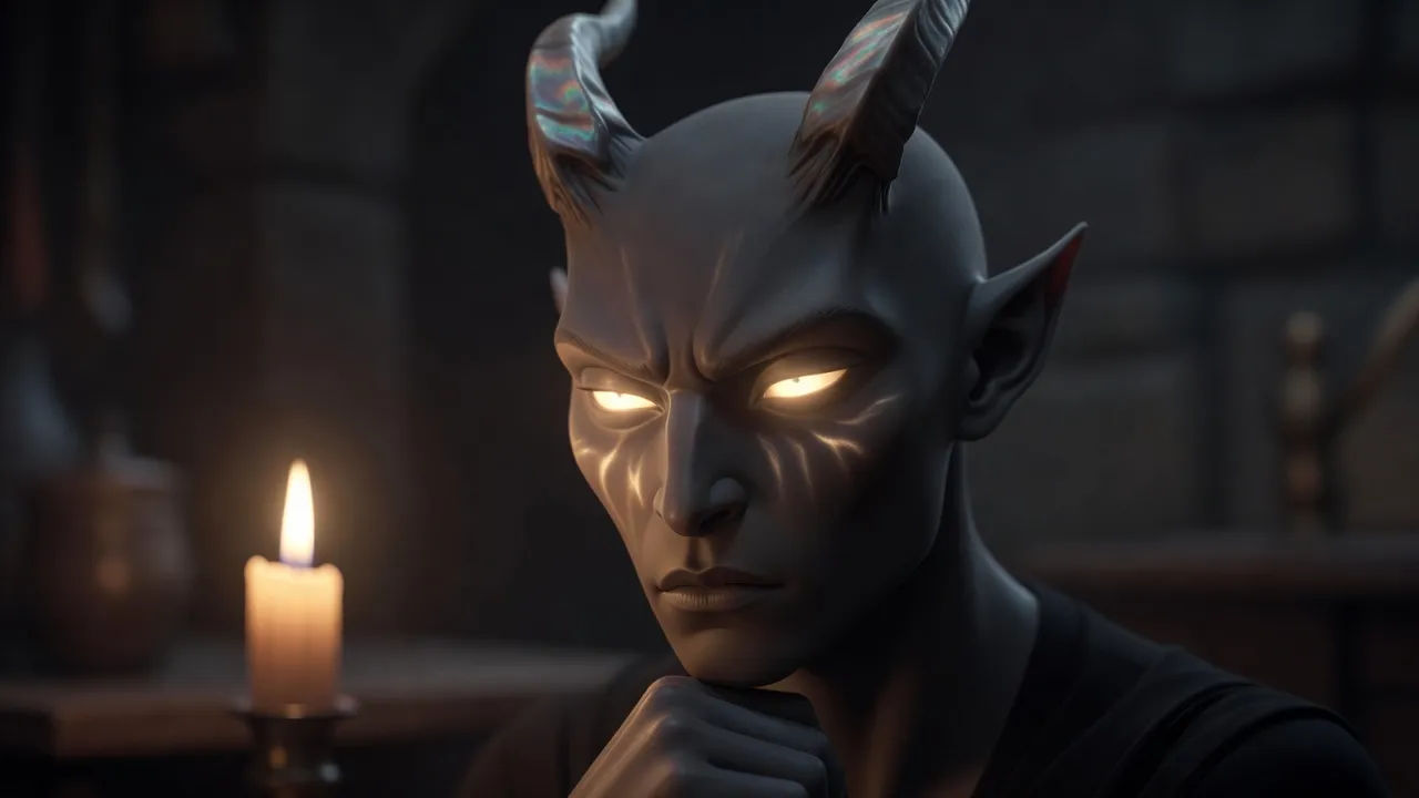 Cartoon tiefling with curved horns and glowing eyes lit by dim candlelight