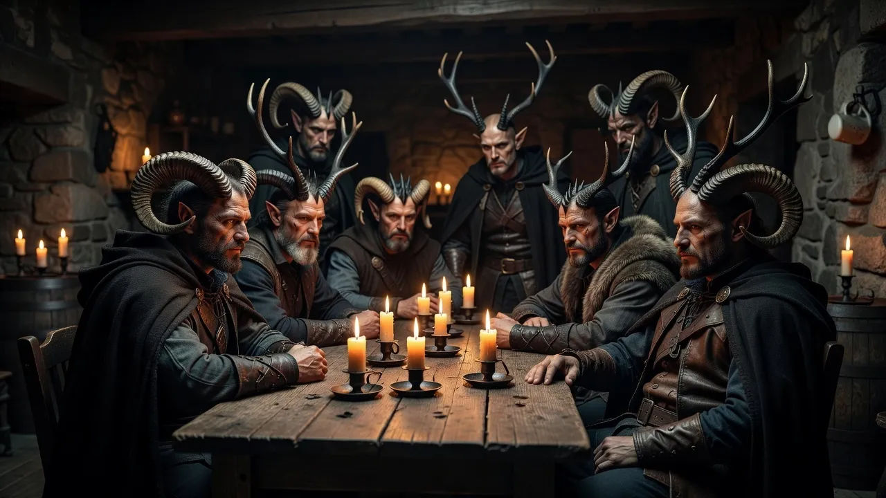 Group of horned figures around a candlelit table in a shadowed tavern