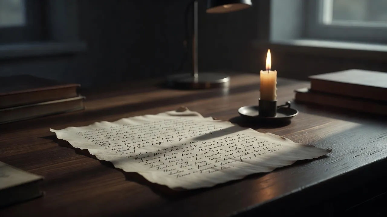 Dim study desk with a dark script and a guttering candle
