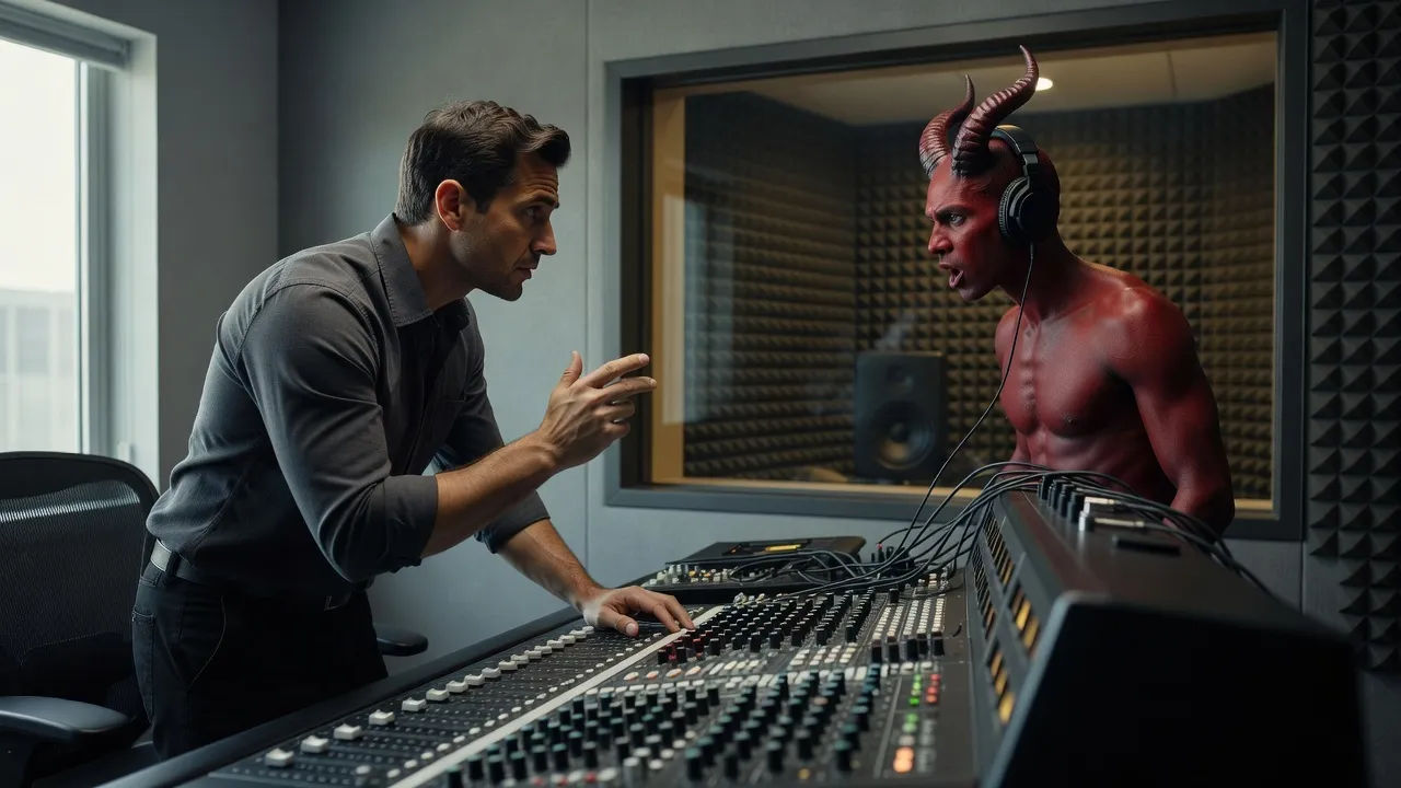 Sound designer directing a tiefling voice at a shadowy console