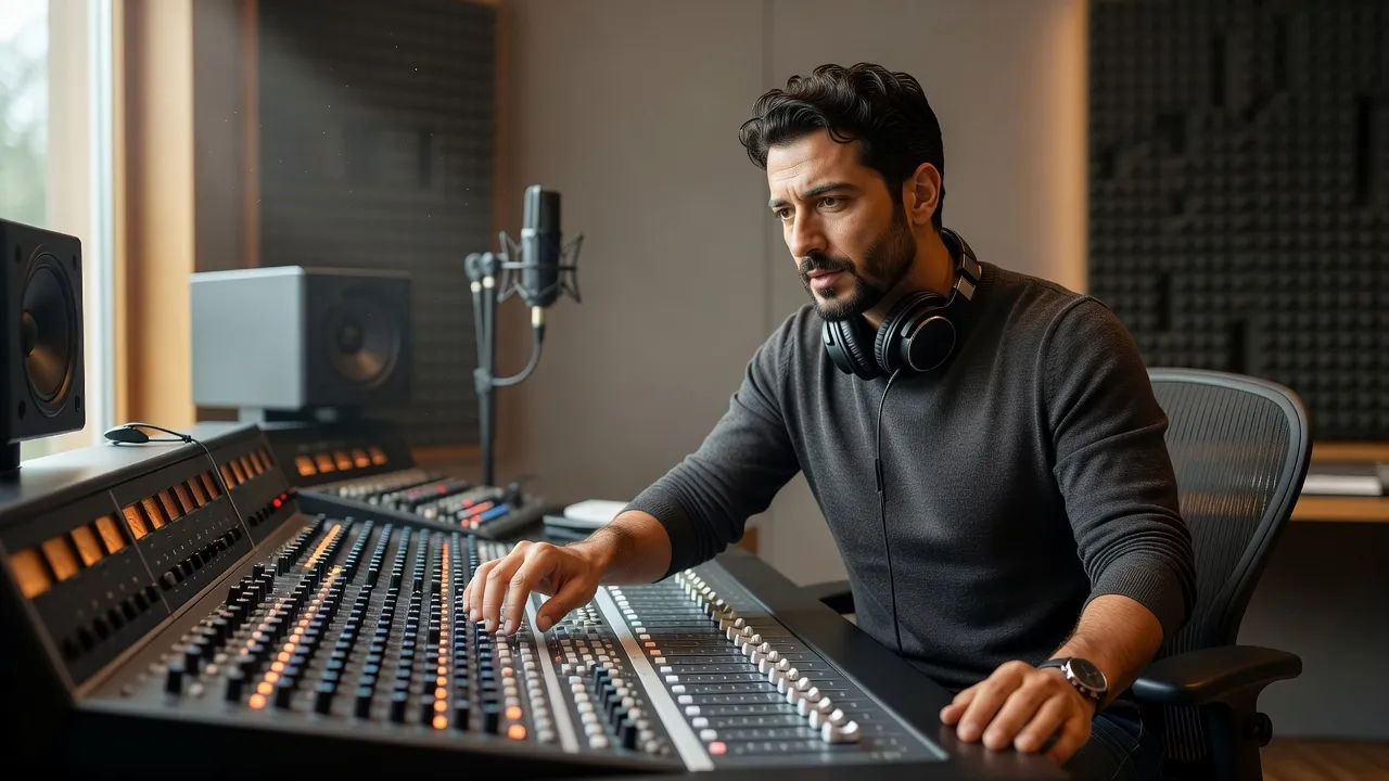 Sound designer directing a Turkish English accent voice at a mixing desk