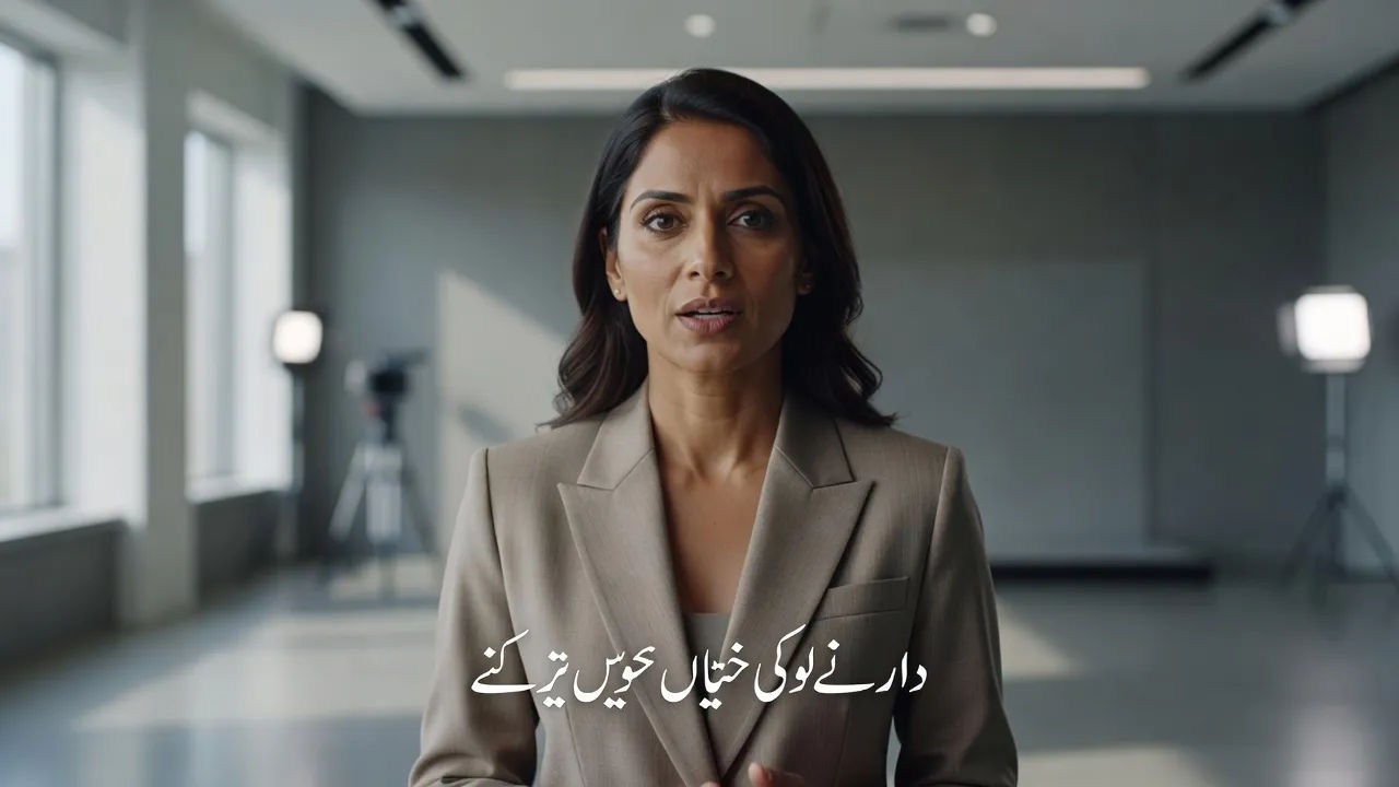 Presenter delivering an Urdu line to camera in a bright studio