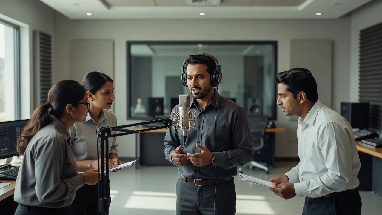 Localization team recording Urdu dubbing for a narration track