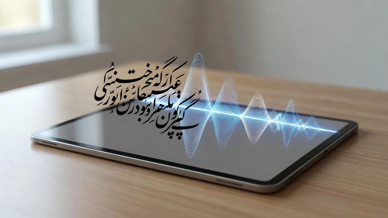 Urdu script turning into a voiceover waveform on a tablet