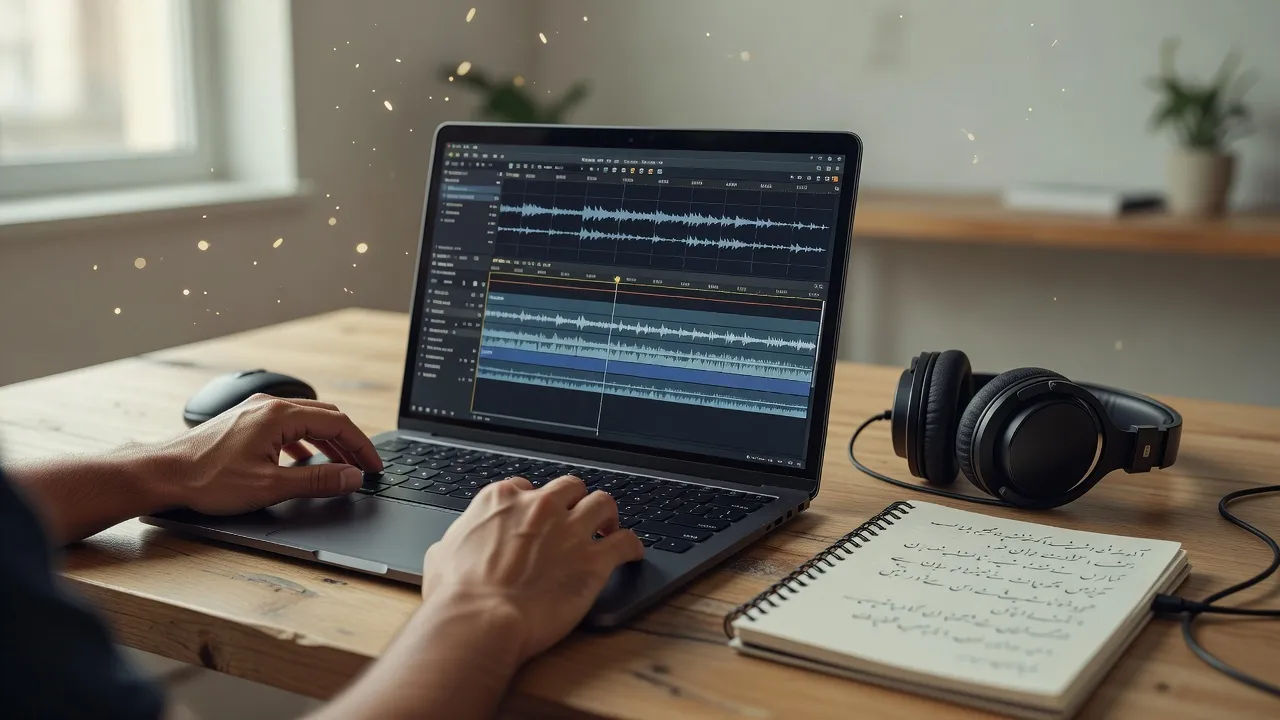 Editing an Urdu voice prompt on a laptop for a localized film