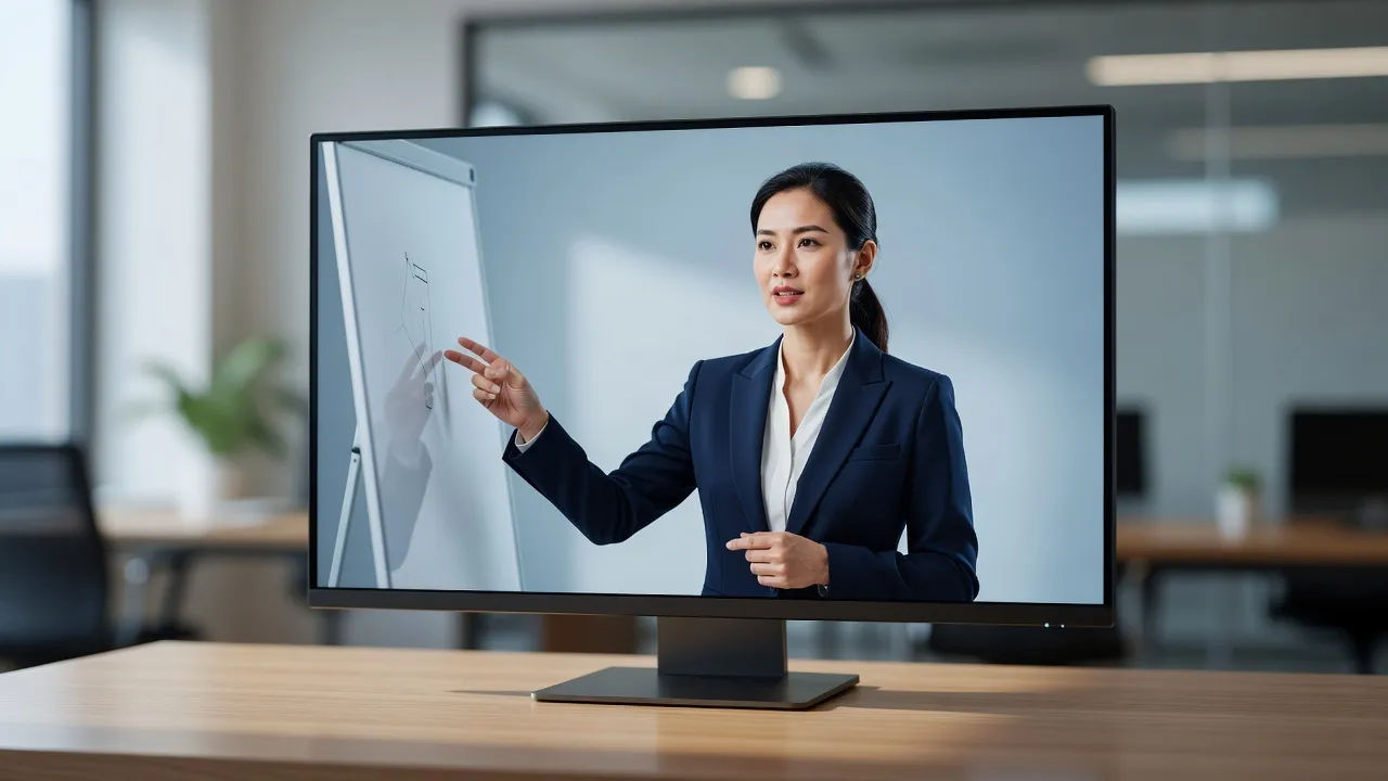 Training video playing a Vietnamese voiceover on a monitor