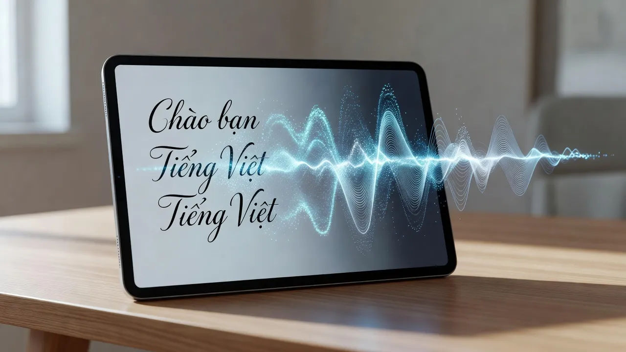 A script turning into a Vietnamese voiceover waveform on a tablet